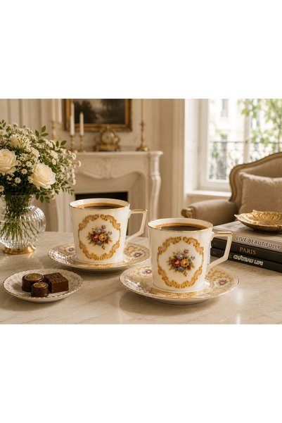 R-EYLA R'Eyla X Rivadossi Sandro Venezzia Cream 24K Gold Detailed Turkish Coffee Cup Set for 2 People - Special Leather Box with a Gift