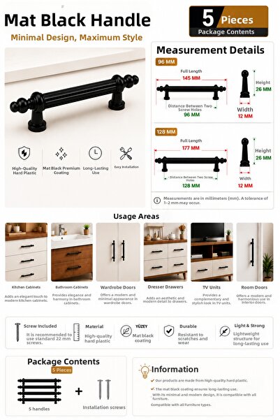 MIB Mâner decorativ pentru mobilier, negru mat, 96-128 mm, mâner pentru serta...