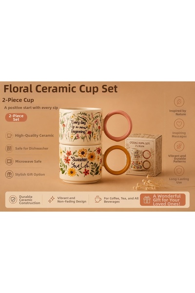 Atak Hediyelik Floral Ceramic Espresso 2-Cup Mug Set Maison 184 Cc