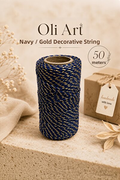 OLİ Art Navy Blue Gold Decorative String 2 mm 50 Meters Packaging Ornament Gi...
