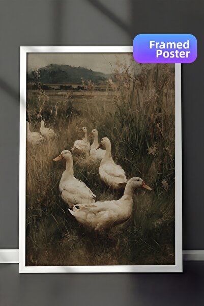 Zestia Pictură murală vintage, Rațe mergând prin natură, înrămată în alb Nr.:...