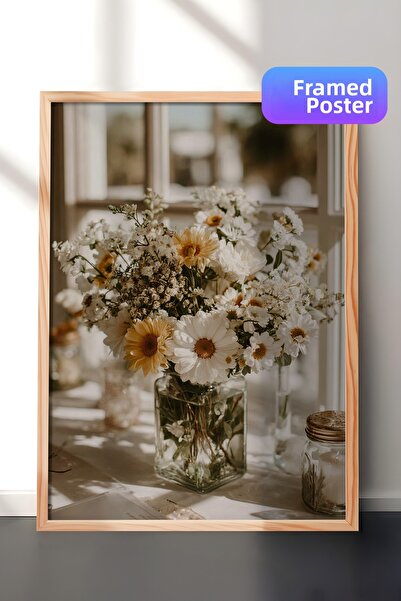 Zestia Vintage Wall Painting, Glass Vase with Daisies Wooden Frame No: 20178