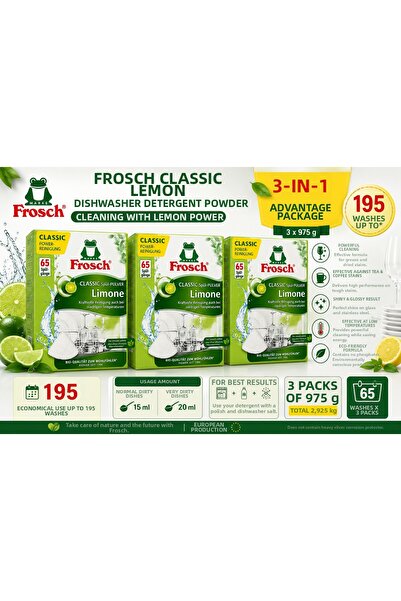 Frosch مسحوق منظف غسالات الأطباق كلاسيك ليمون 975 جرام - 65 غسلة × 3 قطع