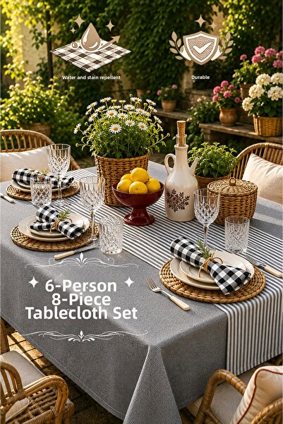QUBA DECO 8-Piece Water-Repellent Fabric Tablecloth Set for 6 People with Pre...