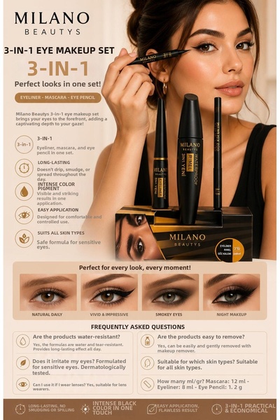MİLANO BEAUTYS مجموعة ماسكارا وقلم تحديد العيون وآيلاينر 3 في 1 مقاومة للماء