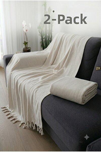 MKAtölyem Cotton Woven Natural Sofa Cover-Sofa Shawl 2 Pieces 175X215 Ecru