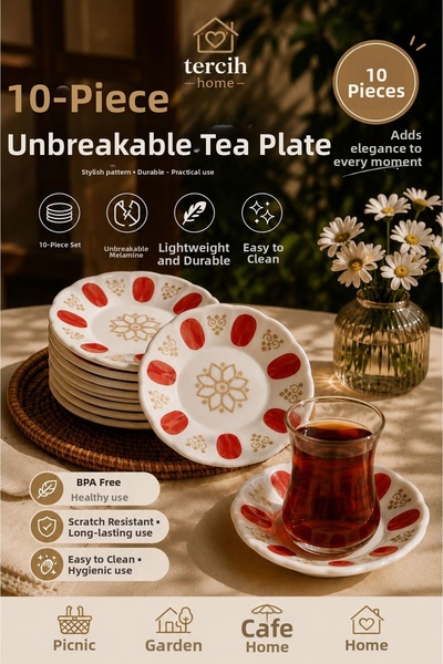 Tercih Home Coffee Shop Type Unbreakable Tea Plate Set of 10, Melamine Red Go...