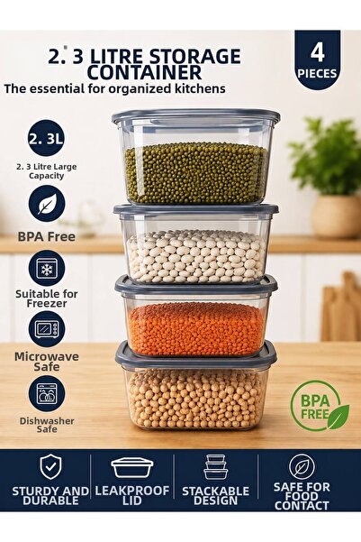 DİLAY HOME Set of 4 Strip Food Storage Containers 2.3 Liter Anthracite