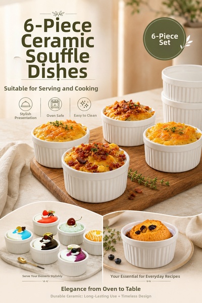 Parmeva 6-Piece Porcelain Soufflé Bowl Set White |   Cake Baking Dish |   Ove...