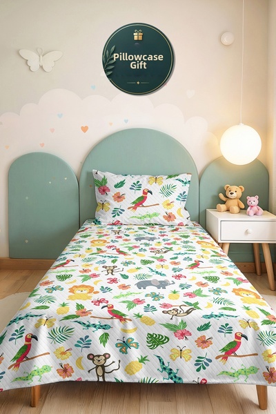Evimde Bambaşka Safari Tropical Green Children's Room Single Pique Set-Colorf...