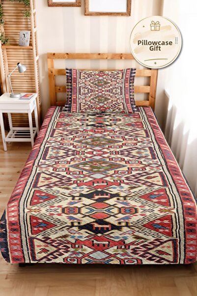 Evimde Bambaşka Ethnic Kilim Red Single Pique Set - Bohemian Geometric Beige ...