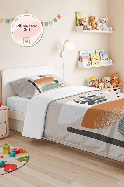 Evimde Bambaşka Geometric Beige Young Room Single Pique Set - Mustard Anthrac...