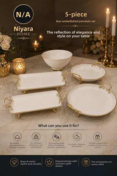Niyara home طقم بورسلين 5 قطع مع تفاصيل مذهبة - نيارا - هوم