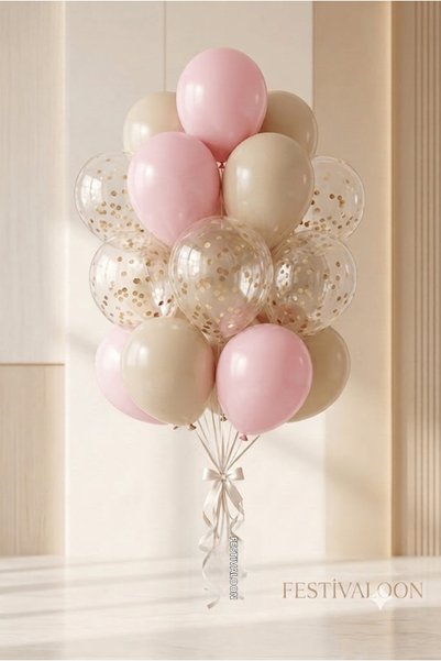 FESTİVALOON Sea Sand(Beige)Pink Transparent Gold Confetti Balloon Set 20-Piec...