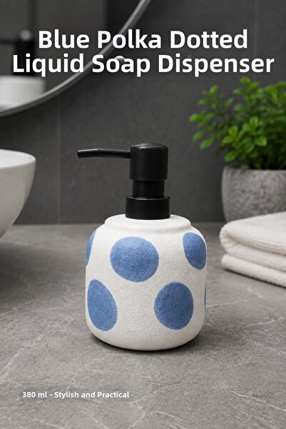 Vienev Blue Polka Dot Ceramic Liquid Soap Dispenser 380 ml White Luxury Bathr...