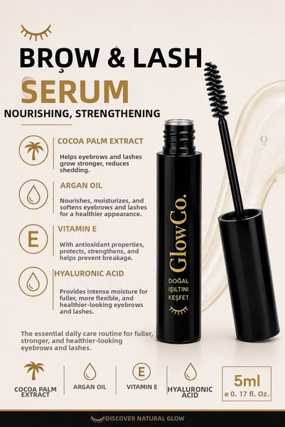 GlowCo. Eyebrow & Eyelash Care Serum / Repairing, Nourishing, and Strengthening with Vitamin E, Argan Oil, Special Dwarf Palm Extract, and Natural Oil Content