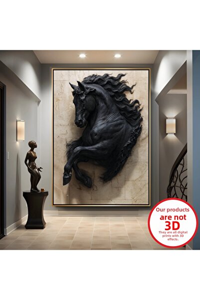 EMYA HOME Εκτύπωση σε καμβά με ανάγλυφη εμφάνιση μαύρου αλόγου με χρυσό μεταλ...