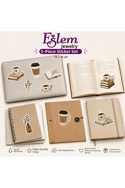 eslem bijuteri Minimal Coffee & Book Sticker Set 5-Pack 13X18 cm Waterproof V...