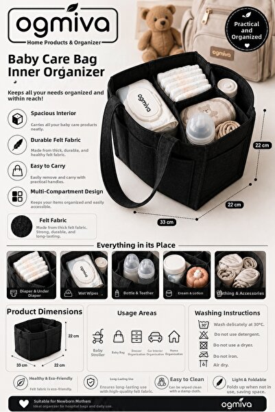 OgMiva Baby Bag Organizer – Multi-Compartment Felt Mother Baby Care Organizer