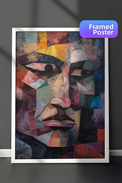 Zestia Pictură murală modernă cubistă cu ramă albă, portret abstract colorat ...