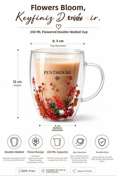 Penthouse 350 ml Floral Double-Walled Glass Mug – Decorative Design, for Hot and Cold Beverages