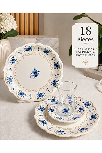 Yumuk Shop 18 Piece Blue Garden Luxury Cake Tea Time Set