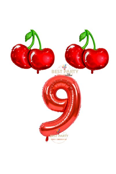 BEST PARTİ Best Cherry and Red Number Themed Foil Balloon Set Age-9