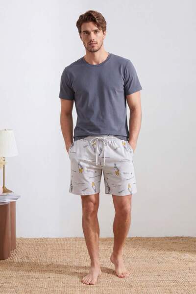 Trendyol Kollektion Marineblaues, gestricktes Sommer-Pyjama-Set mit Känguru-M...