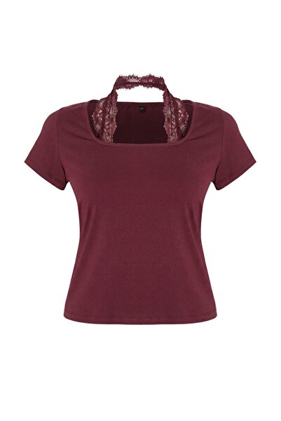 Trendyol Curve Bluză tricotată cu dantelă bordeaux, mărime mare, TBBSS26AF00195