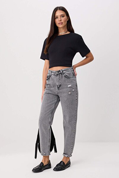 Trendyol Collection Gray High Waist 100% Cotton Non-Stretch Mom Jeans Twoss26...