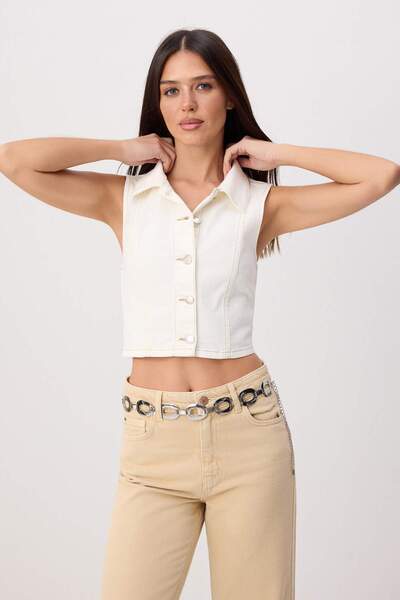 Trendyol Collection White Shirt Collar Crop Denim Vest Twoss26Ye00067
