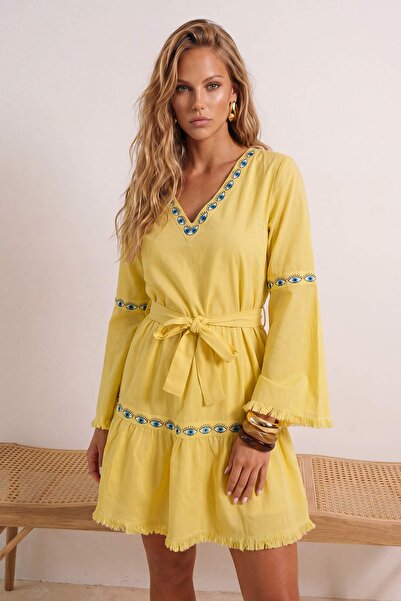 Trendyol Kollektion Gelb getöntes, gewebtes Mini-Strandkleid mit Volants und ...