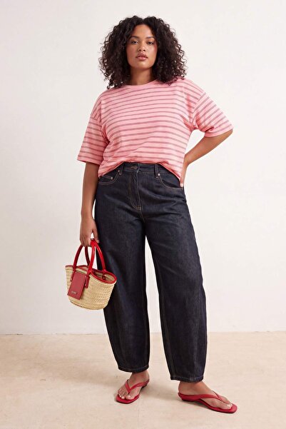 Trendyol Curve Pink Striped Boxy/Relaxed Fit Short Sleeve Cotton Blend Knitte...