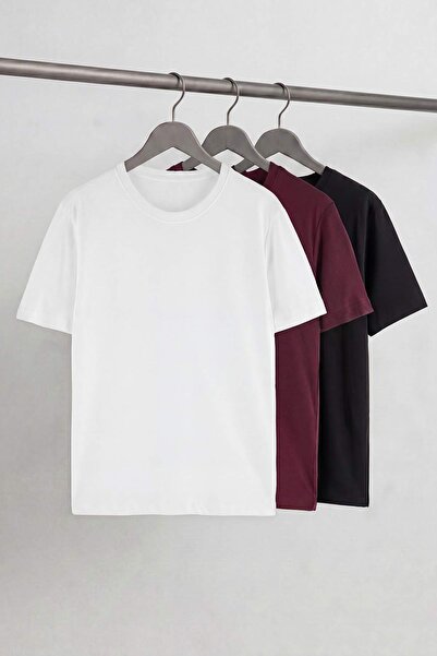Trendyol Collection Burgundy- White- Black 3-Pack Slim/Fitted Basic 100% Cott...