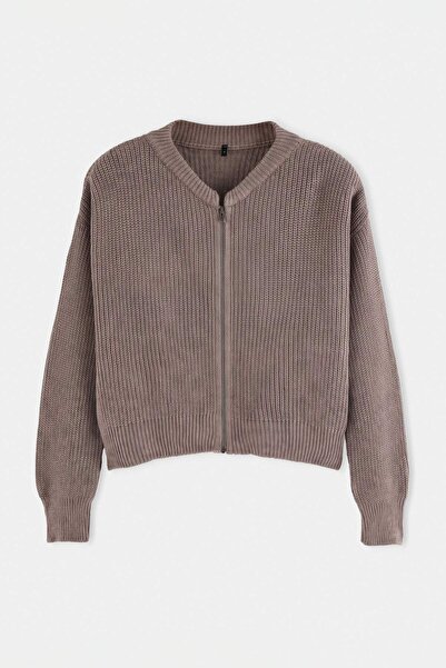 Trendyol Collection Cardigan din tricotaj cu fermoar, cu guler bomber, croial...