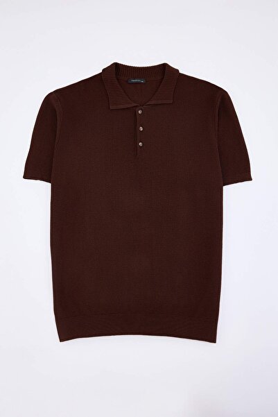 Trendyol Collection Tricou tricotat cu guler polo, texturat, maro, mărime mar...