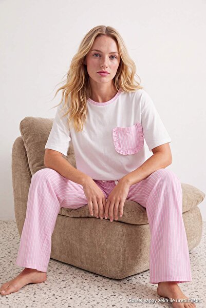 Trendyol Collection White-Pink Striped Knitted Pajama Set with Pockets Thmaw2...