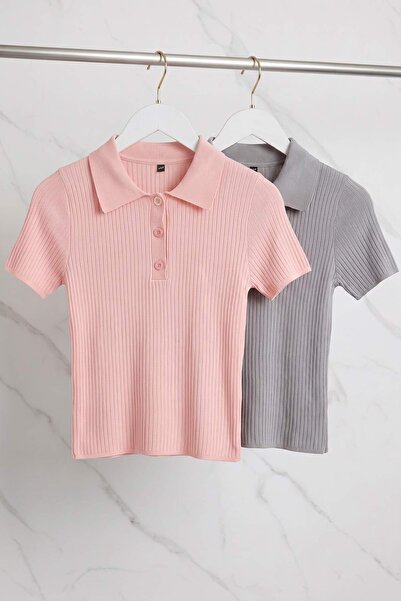 Trendyol Collection Anthracite-Powder Basic Polo Collar Double Pack Blouse Tw...
