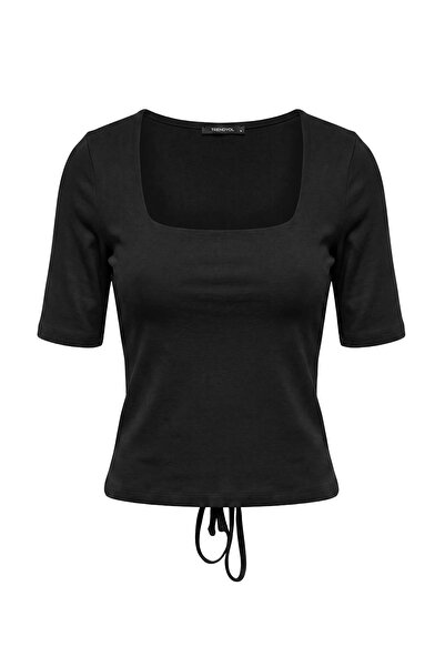Trendyol Collection Black Plain Fitted/Square Neck Crop/Short Tie Detail Stre...