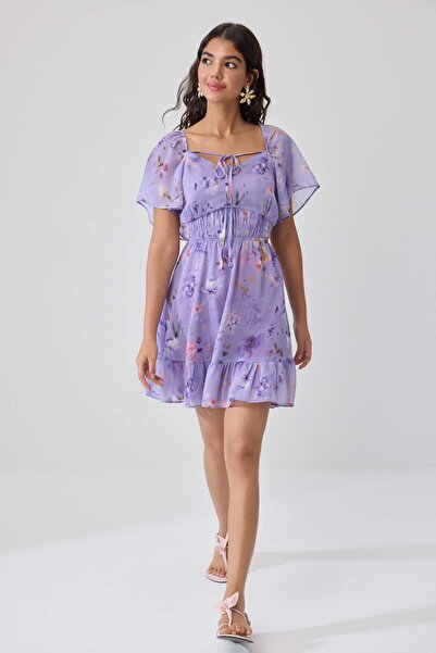 Trendyol Collection Lilac Floral Print Sweetheart Neckline A-Line/ Bell-Shape...