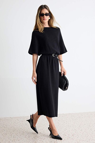 Trendyol Collection Black Belt Detailed Midi Knitwear Short Sleeve Dress Twoa...