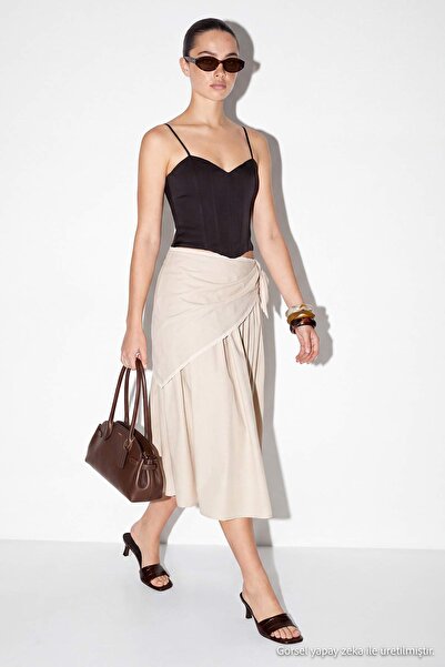 Drop by TrendyolMilla Beige Embroidered Belt Detailed Long Woven Skirt Tdrss2...