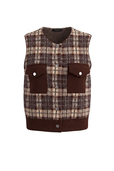 Trendyol Collection Brown Soft Textured Felt Yarn Knitwear Cardigan Sweater T...
