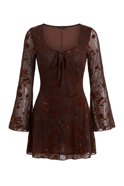 Trendyol Collection Brown Floral Skater/Split Waistline Pool Neck Mini Tulle ...