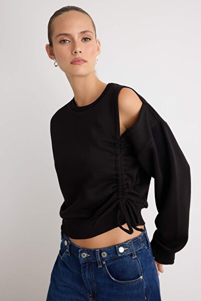 Trendyol Collection Black Gathered and Cut Out/Window Detailed Regular Crew N...