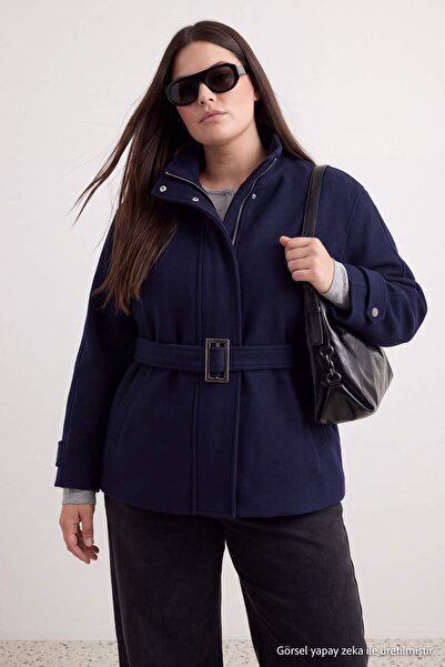 Trendyol Collection Navy Blue Oversize High Collar Short Wool Plus Size Coat ...