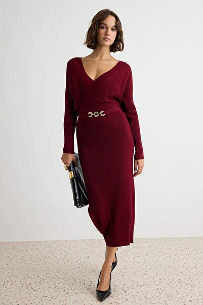 Trendyol Collection Burgundy Double Breasted Belt Detailed Bodycone Plain Max...