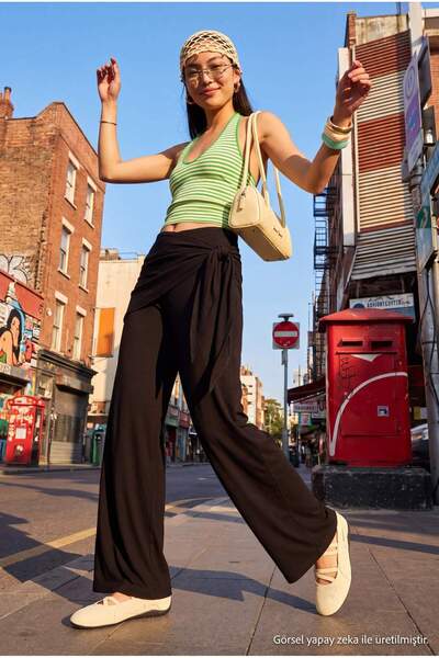 Trendyol Collection Non-Fading Black Shawl Tie Detail Wide Leg Pants Twoss26P...