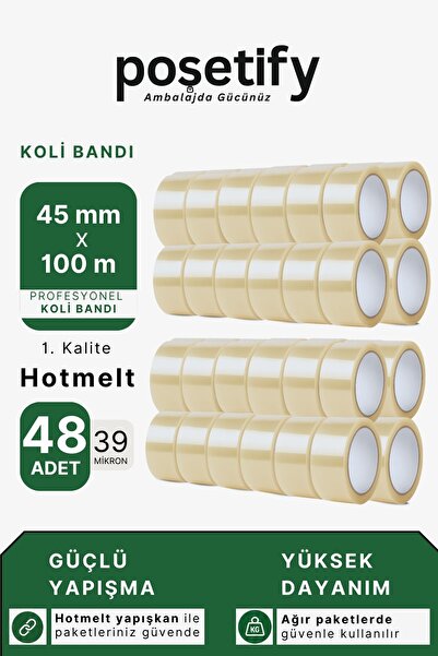 POŞETİFY 45 mm x 100 Metre Hotmelt Koli Bandı | 1. Kalite | Güçlü Şeffaf Pake...