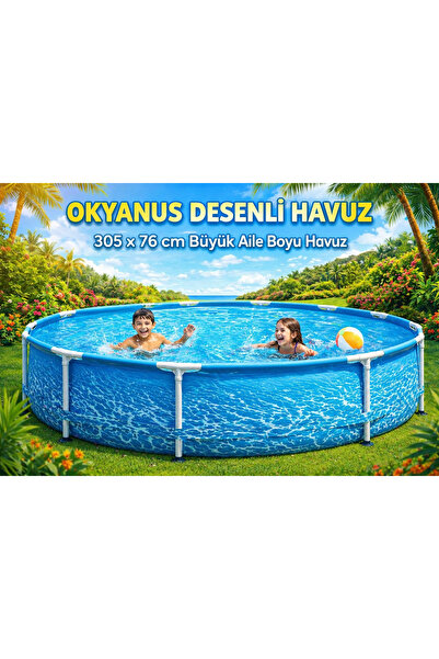 TOTTERİQ 305x76 cm Okyanus Desenli Büyük Aile Havuzu Prefabrik Bahçe Havuzu +...